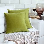 Amazon Brand - Umi Velvet Pompom Cushion Cover 12x12 Inch - Set of 2 Large Square Throw Pillow Covers for Sofa Living Room or Home Decor in Green Color