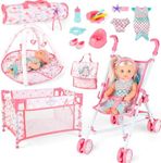 deAO Kids 5 in 1 Baby Doll Pretend Play Set Dolls,Baby Doll, Kids Pushchair for Dolls, Baby Doll Cot, Dolls Cradle, Play Mat,Doll Accessories (Doll Included)
