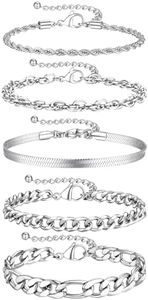 Adjustable Ankle Bracelets for Women Men, Dainty 5Pcs Silver Anklets Set Layered Cuban Link Chain Anklets Stackable Anklets Bracelets Jewelry Gifts for lover, Large, Stainless Steel, no gemstone