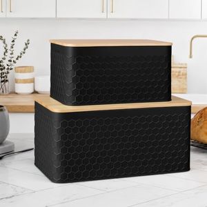 Dekosilave Metal Bread Box Set of 2 with Bamboo Lid, Modern Bread Storage Containers with Air Vents, Bamboo Cutting Board Lid, Farmhouse Kitchen Decor Organizer for Countertop, 2-Size,Embossed Black