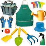 Kids Gardening Tool Set – Children's Garden Tool Kit Shovel Rake Trowel Sprayer Gloves Apron Watering Can with Canvas Tote Bag and plant labels Outdoor Play Toys Gift for Boys, Girls