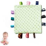 HECCEI Green Baby Security Blanket with Colorful Satin Tags, Infant Appease Blankets taggy, Taggies Blanktes - 10 x 10 inches Square Blanket for 3+ Months Babies Boys/Girls