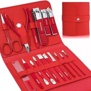 Manicure Set Professional Nail Clippers Pedicure Kit, 16 pcs Stainless Steel Nail Care Tools Grooming Kit with Luxurious Travel Leather Case for Thick Nails Men Women Gift (Red)