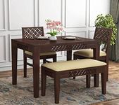 UrbonArts Wooden Dining Table 4 Seater | Four Seater Dinning Table with 2 Chairs & 1 Bench for Home | Dining Room Sets for Restraunts | Sheesham Wood, (CNC 2 Chair 1 Bench Walnut)