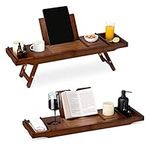 Navaris Bed and Bath Tray - Wooden Rack with Folding Legs - Bamboo Bathtub Caddy Bridge Shelf with Book or Tablet Stand - Brown