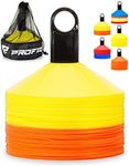 Pro Disc Cones (Set of 50) - Agility Soccer Cones with Carry Bag and Holder for Sports Training, Football, Basketball, Coaching, Practice Equipment, Kids - Includes 15 Drills Book (Orange and Yellow)