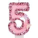 2.95 Inch Birthday Number Candles, Glitter Pink Number Candles Cake Topper Butterfly Birthday Candles with Sequins for Anniversary Celebrations Supplies (Number 5)