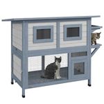 PawHut Outdoor Cat House, 2 Tier Wooden Feral Cat Shelter with Escape Door, Weatherproof Roof, Jump Platform, Observer Windows, for 1-2 Cats, Outside and Backyard Use, Light Grey