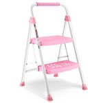 Soctone 2 Step Ladder, Folding Step Stool with Handle, Wide Anti-Slip Pedal, Lightweight, Multi-Use for Household and Office, 500lbs Capacity Sturdy Steel Ladder, Pink