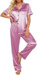 Ekouaer Silk Satin Pajamas Set Women Short Sleeve Sleepwear Soft Button Down Loungewear Pjs Set Grape Nectar X-Large