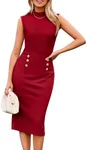 Women Summer Sleeveless Bodycon Midi Dress Business Work Button Down Dress Red L