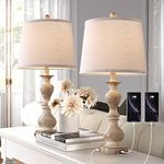 Dungoo Farmhouse Table Lamp Set of 2, 26" Resin Bedside Nightstand Light with 2 USB Ports, Rustic Bedside Lamp for Bedroom Living Room Office, 2 Pack (Antique Beige Base, Beige Shade)