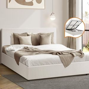 Oikiture Bed Frame Doubel Size Gas Lift Storage Base Boucle Fabric Material White