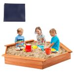 Costzon Wooden Sandbox with Seat Boards, Oxford Cover,Ground Liner, 73" x 64" Hexagon Natural Cedar Wood Sand Box for 4-6 Kids to Play, Easy Assembly, Ideal for Outdoors, Backyard, Playground, Lawn