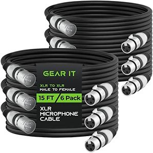 GearIT XLR to XLR Microphone Cable (15 Feet, 6-Pack) XLR Male to Female Mic Cable 3-Pin Balanced Shielded XLR Cable for Mic Mixer, Recording Studio, Podcast - Black, 15ft, 6 Pack