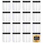 ZEONHEI 16 Pack 500ml Plastic Jars with Black Lids and Stickers, 16oz Small Clear Jars Plastic Refillable Containers, Empty Round Food Storage Jars for Slime Making Spices Travel DIY Crafts