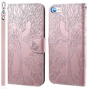 LEINOTWANCH Funda Compatible con Apple iPhone 6/iPhone 6s,Árbol de la Vida y Mariposa patrón en Relieve,Flip Leather Edition,[magnético,función de Soporte y Ranuras para Tarjetas]-Rosa