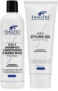 FRAGFRE 3-in-1 Shampoo Conditioner and Beard Wash 12 oz + Men Hair Styling Gel Normal Hold 8 oz - Fragrance Free Sulfate Free - pH Balanced for Men with Sensitive Skins - No Irritations No Bumps