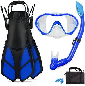 GoOsprey Kids Snorkeling Set with Flippers/Fins + Panoramic Snorkel Mask + Dry Top Snorkel + Travel Bags,Snorkeling Gear for Kids,Juniors,Boys and Girls Age 5-12