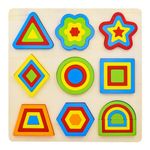 WISHKEY Wooden Shapes Puzzle Learning Toy, Montessori Brain Teaser Puzzle Board with 9 Geometric Shapes, Interactive Game Educational Toys for Kids, Multicolour, 3+ Years (Pack of 1)