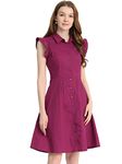 Allegra K Women's Work Office Ruffled Sleeve Button Closure Belted Cotton Midi Shirt Dress Fuchsia Medium