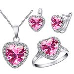Uloveido White Gold Plated Wedding Bridal Pink Jewellery Set for Girls Heart Earrings Pendant Necklace and Rings Set for Women Anniversary Engagement Birthday Jewellery Gift T481