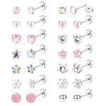 JeweBella 12/14Pairs Flat Back Earrings Stud Earrings for Women Girls Kids Surgical Steel Hypoallergenic Earrings Pearl Flower Heart CZ Cute Pink Earrings Set Screw Back Earrings Sleeper Earrings 20G