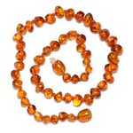 Genuine Baltic Amber Necklace - Polished Beads - Cognac Color - Knotted Between Beads - 34cm Long