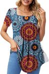 Xpenyo Womens Tops Casual Summer Square Neck Short Sleeve Tunic Shirts Hide Belly Loose Flowy Tunic Blouses, 1-floral Mixed Blue, Small