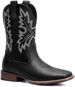 Lumeheel Cowboy Boots for Men - Western Square Toe Men's Black Boots with White Classic Embroidered, Slip on Chunky Heel for Spring Fall 12M Wide