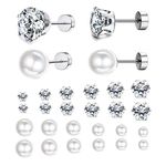 Jstyle 12Pairs Stainless Steel Round Clear Cubic Zirconia Pearl Stud Earring for Women CZ Earrings 3-8MM, Metal Cubic Zirconia Pearl, Cubic Zirconia Pearl Zircon