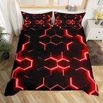 Loussiesd Red and Black Print Duvet Cover King Size Boys Hexagonal Bedding Set Kids Teens Neon Glitter Honeycomb Decor Comforter Cover Beehive Simplistic Geometric Bed Set 3 Pcs