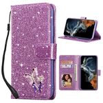 UEEBAI Wallet Case for Samsung Galaxy S23 Ultra 5G, Premium Glitter PU Leather Phone Case Card Slots Kickstand Case Magnetic Closure Bling Flip Case Shockproof Hand Strap Flip Cover - Glitter Purple