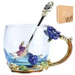 Butterfly Flower Glass Tea Cup, Handmade Enamels Rose Coffee Mugs with Spoon, Personalized Unique Gift for Her Women Mom Grandma Wife Friends Birthday Mothers Valentines Day Wedding(Blue-Short)