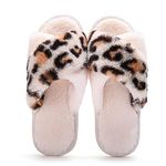 BLEQYS® Women Slippers Memory Foam Plush Slippers Winter Home Slippers Open Toe Slippers Comfortable Cotton Slippers (LEOPARD-WHITE, UK Footwear Size System, Adult, Women, Numeric, Medium, 7.5)