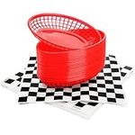 Kingrol 30 Red Oval Fast Food Baskets w/ 250 Checkered Deli Liners, 8.9 x 5.6 x 1.5 Inch Plastic Platter, Storage Basket Bin for Home, Office, School, Picnic