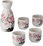 Set of 5 Japanese Sake Set, Traditional Handmade Ceramic Wine Cup and Pot Hand Painted Flower Porcelain Pottery Sake Bottle Kits for Home Decor Crafts Photo Props - Cherry Blossoms