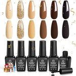 Beetles Gel Nail Polish Set - Roasted Chestnuts Collection 6 Colours Summer Autumn Chocolate Brown Gel Polish Kit Neutral Khaki Gold Glitter Yellow Beige Nail Gel Nail Art Gifts for Women Girls