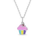 925 Sterling Silver Multicolor Enamel Cupcake Pendant Necklace for Little Girls and Preteens 16" - Pink Mini Cupcake Pendant Necklace For Young Girls - Fun Jewelry Gifts for Kids