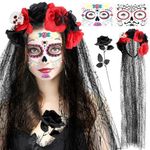 Yotako Day of The Dead Headband Veil, Halloween Headband Accessories Rose Skull Crown Mexican Headband Face Tattoos Stickers Black Roses, Day of Dead Accessories Women for Halloween Fancy Dress Party