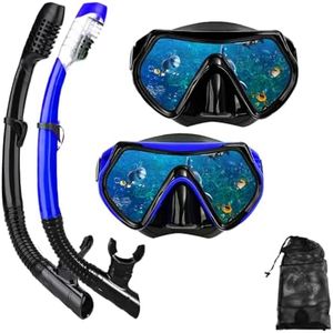 Snorkel mask Snorkeling Set for Adults and Youth, Diving mask and Full Dry Snorkel Swim Googles is Suitable for Snorkeling, Dive Scuba Diving, Swimming (Black+Blue（2 Set）)
