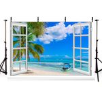 MEHOFOND 7x5ft Seascape Window Backdrop Family Wallpaper Seaside Scenery Sand Beach with Palm Tree Blue Sky Photo Background Wall Art Decorations Banner Photogrphy Props Studio