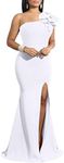 YMDUCH Women's Sexy Sleeveless One Shoulder Ruffle High Split party Evening Long Formal Dress, White, Large