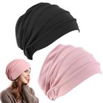 ADERTOS 2 Packs Slouch Beanie Hat Cotton Chemo Hats Unisex Sleep Hat Lightweight Soft Caps Cancer Headwear Classic Beanie Skull Cap Baggy Hat Hip-Hop Winter Summer Hat for Women Ladies, Black & Pink