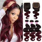 Lovenea 2 Tone Ombre Body Wave Human Hair 3 Bundles with 4x4 Lace Closure 100% Brazilian Remy Virgin Hair Body Wave Human Hair Bundles with 4x4 Free Part Lace Closure Black to Burgundy Color(T1B/99J, 10 12 14+10)