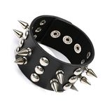 Moneekar Jewels Alloy Metal Spike Studded Adjustable Punk Rock Biker Wide Strap Leather Bracelet Chain Wristband ( Black )