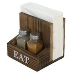 MyGift Rustic Burnt Solid Wood 2-in-One Dining Caddy with White Printed EAT Label, Napkin Holder and Seasoning Compartment, Includes Salt and Pepper Shakers