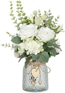 Avoik Artificial Flowers with Glass Vase Fake Flower Bouquet Faux Rose in Vases for Home Dcor Flowers Modern Home Decor Table Decorative Flower Vase for Dinner Office Bedroom, White