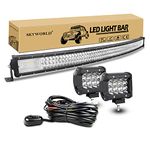 SKYWORLD 50 inch 648W Curved LED Light Bar with 12V Wiring Harness Kit, 2 Pcs 4 inch 36W Spot Led Pods Light, Offroad Bar Lamp Driving Fog Lights for 4x4 Car Off road Truck SUV Vehicle Boat