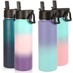 Volhoply Insulated Water Bottles with Straw Bulk 4 Pack, 22 oz Stainless Steel Sports Bottle with Lid,Metal Travel Water Thermos with Wide Mouth, Reusable Cold Water Flask for Hiking(Assorted,4 Set)